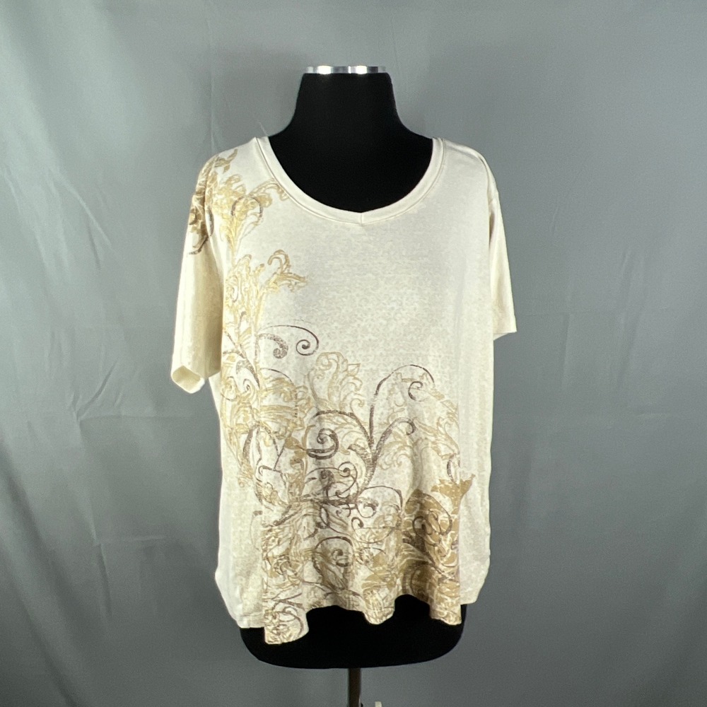 St Johns Bay T Shirt Womens 2X Beige Metallic Gold Scroll Short Sleeve V Neck